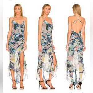 Sau Lee dress Freida Blue Floral Butterfly Print ruched drawstring gown Sz 6